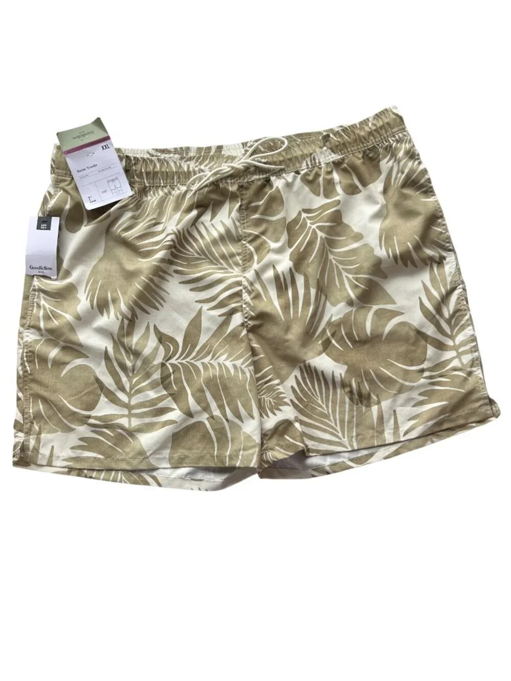 Goodfellow Swim Trunks Mens XXL Tan White Tropical Print Mesh Lined Drawstring